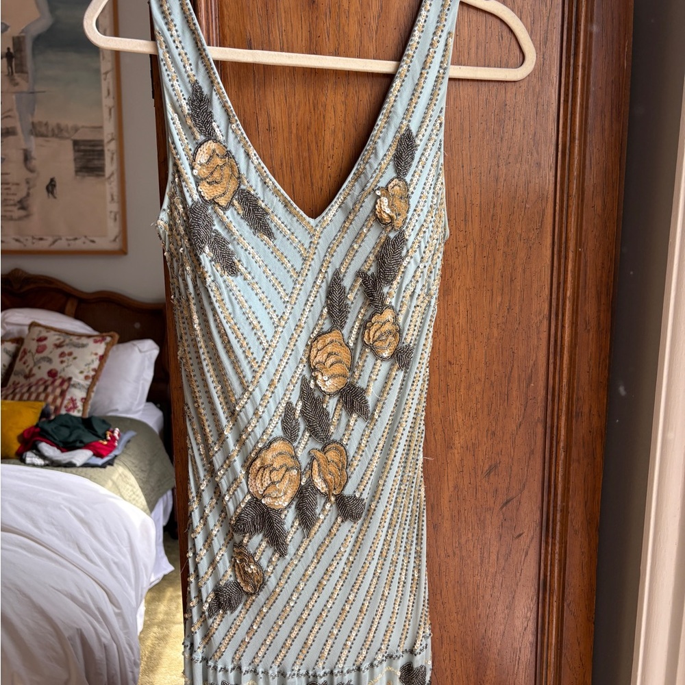Vintage Light Blue Beaded Fringe Dress - Picture 2 of 4